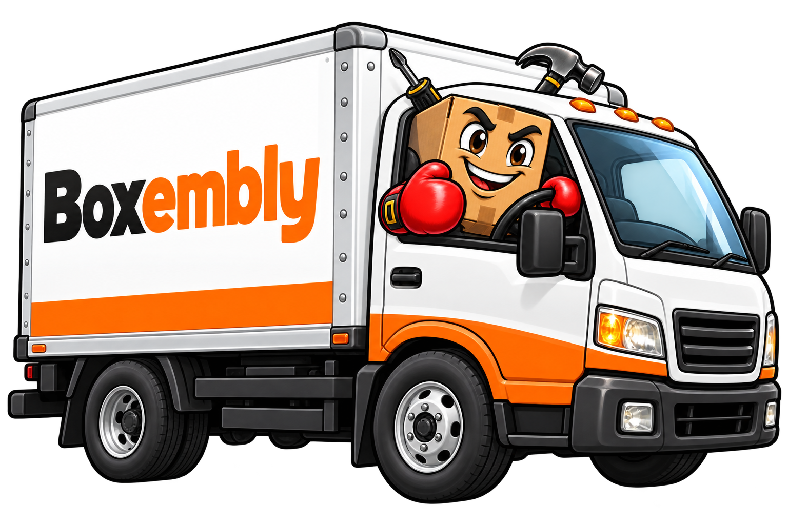 Boxembly mascot driving a moving and delivery truck